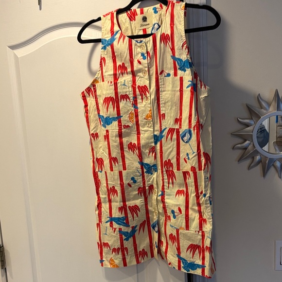 Karavan Greece Ladies Ivory red bamboo blue birds button down dress-S - Picture 5 of 10